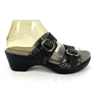 Dansko Sophie Black Bronze Metallic Snake Print Leather Wedge Sandals 38 7.5